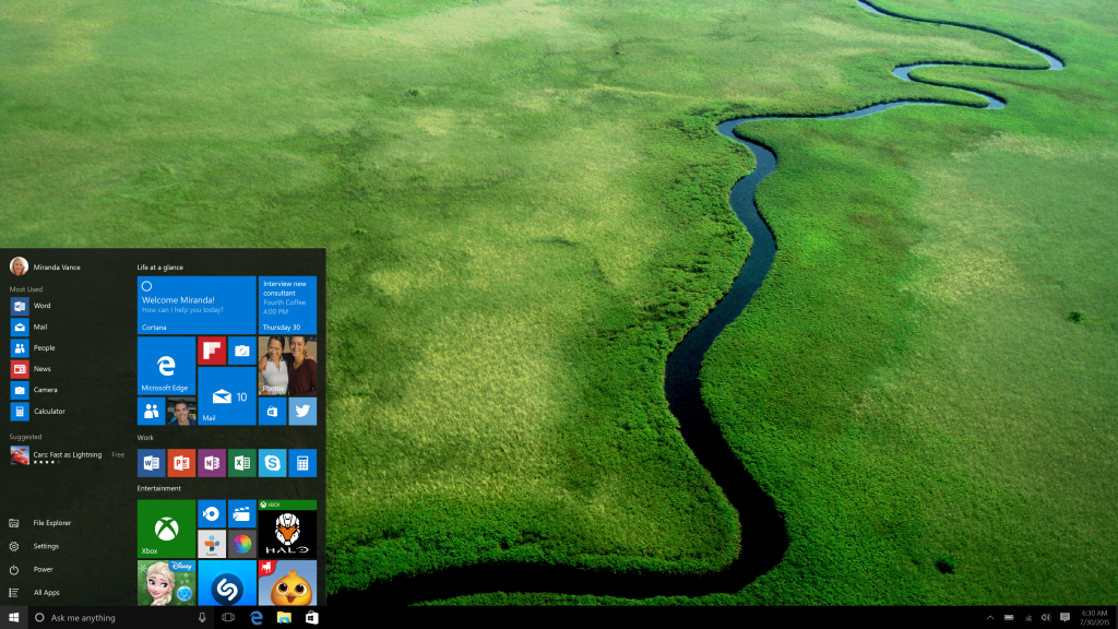 Windows 10 desktop and start button.